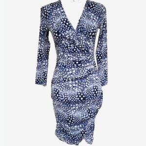BCBGMaxAzria Ray Bodycon Dress Carbon Combo Print Sky Blue NYE, White S